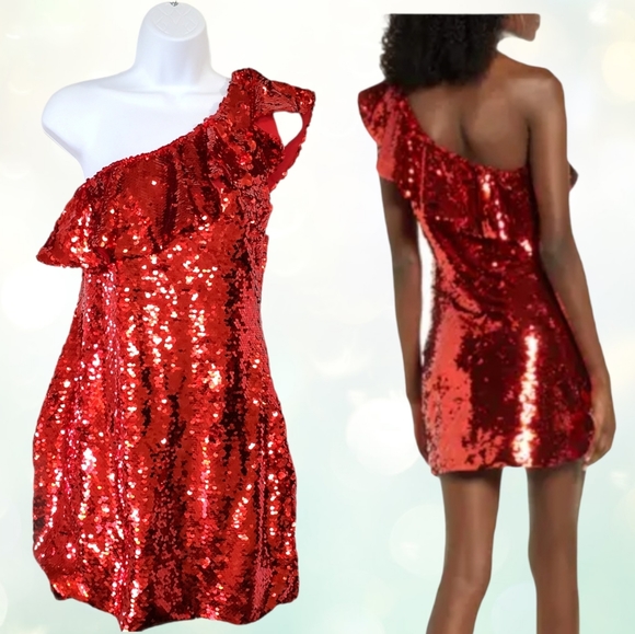 Leith Red Sequin Ruffle One Shoulder Dress - Picture 3 of 16